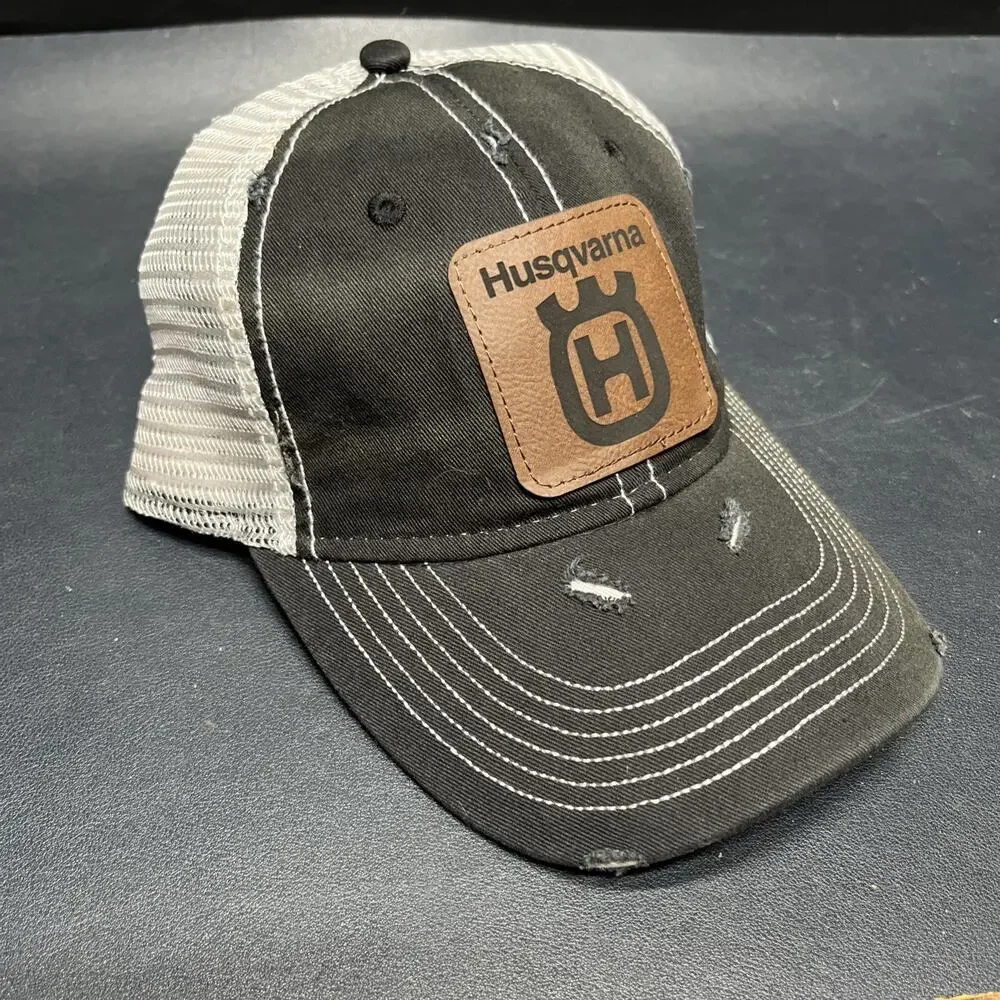Husqvarna Trucker Hat Distressed Black Cap Patch Logo Strapback Mesh Back